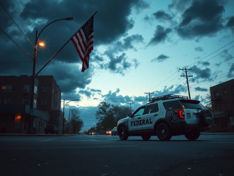 Flick International A somber urban landscape at dusk with a shattered federal SUV and graffiti