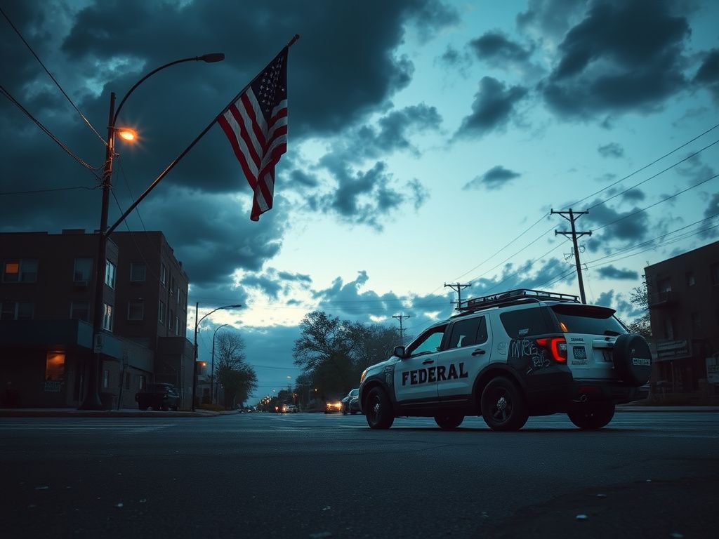 Flick International A somber urban landscape at dusk with a shattered federal SUV and graffiti