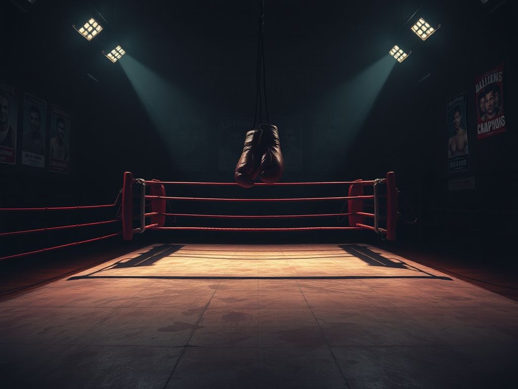 Flick International Dimly lit boxing gym with an empty ring and worn boxing gloves