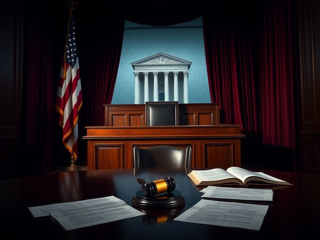 Flick International Dramatic courtroom scene with gavel and empty judge's bench