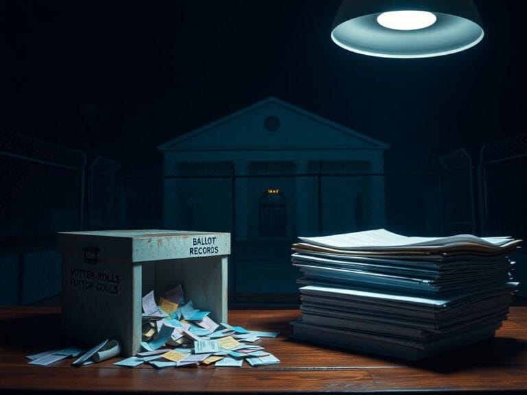 Flick International Dimly lit election hub in Fulton County with a weathered ballot box and official documents