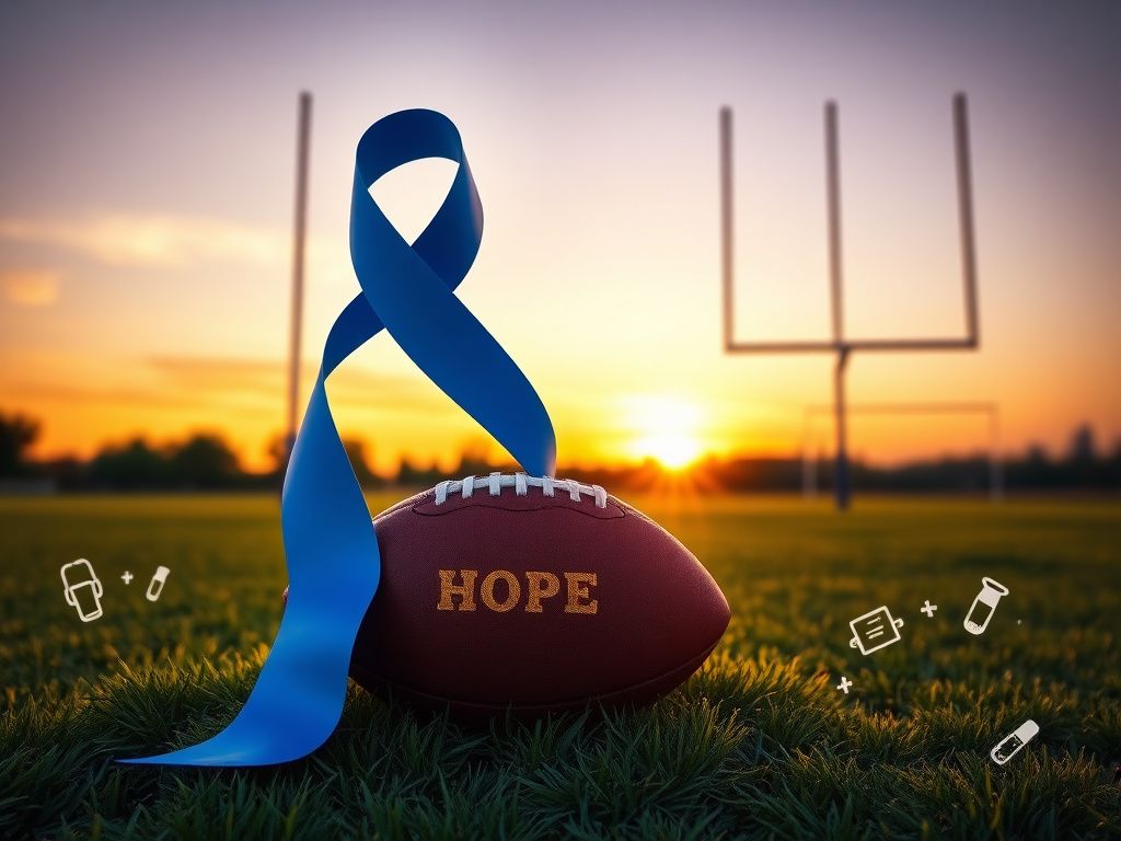Flick International Serene outdoor scene of a football field at sunset with a blue awareness ribbon and football