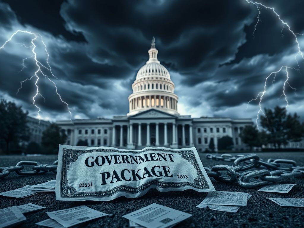 Flick International Dramatic scene of the United States Capitol building under a stormy sky with a crumpled government funding bill in the foreground