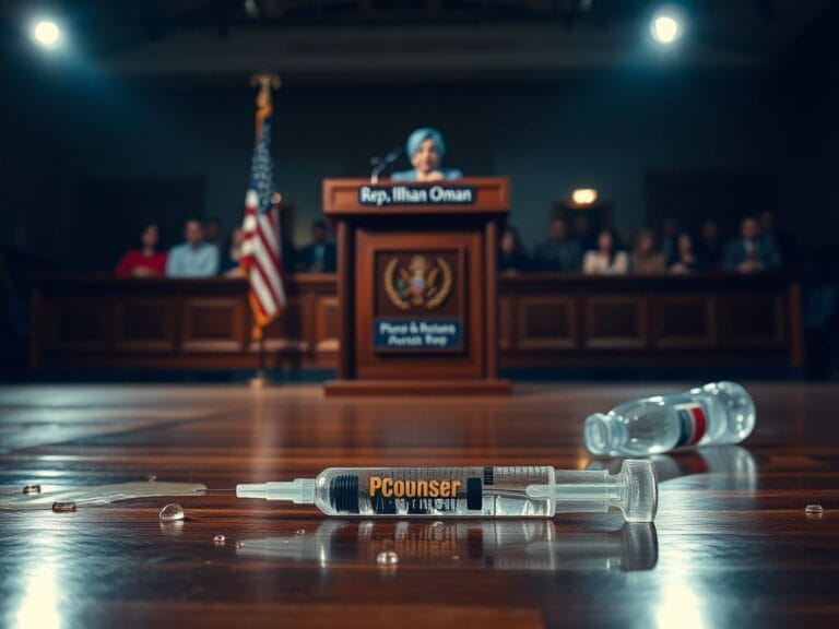 Flick International Empty syringe on the floor at a town hall event with Rep. Ilhan Omar's podium in the background