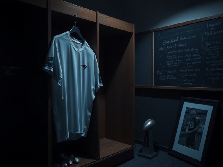 Flick International Dramatic interior view of a football locker room with a wooden locker and pristine white jersey
