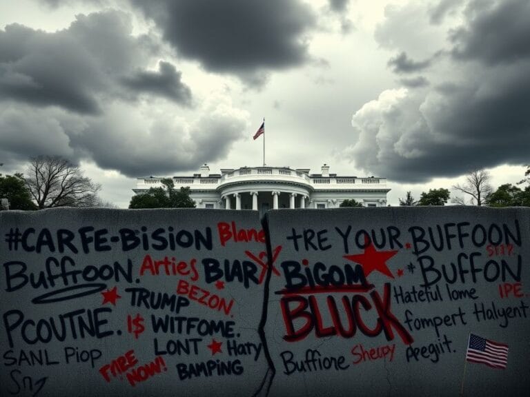 Flick International Dramatic illustration of the White House with dark storm clouds and a cracked wall covered in political graffiti