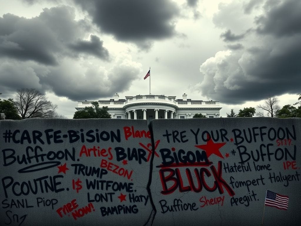 Flick International Dramatic illustration of the White House with dark storm clouds and a cracked wall covered in political graffiti