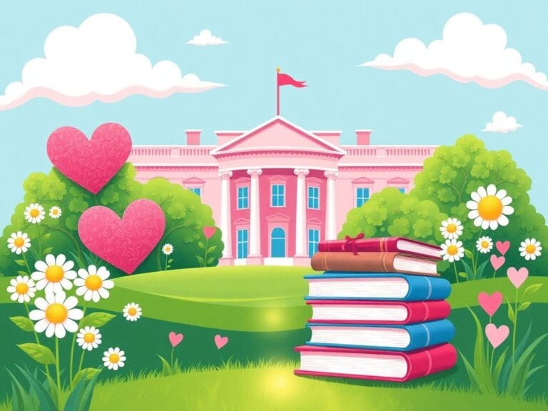 Flick International A whimsical illustration of the White House painted pink, surrounded by lush gardens and oversized flowers