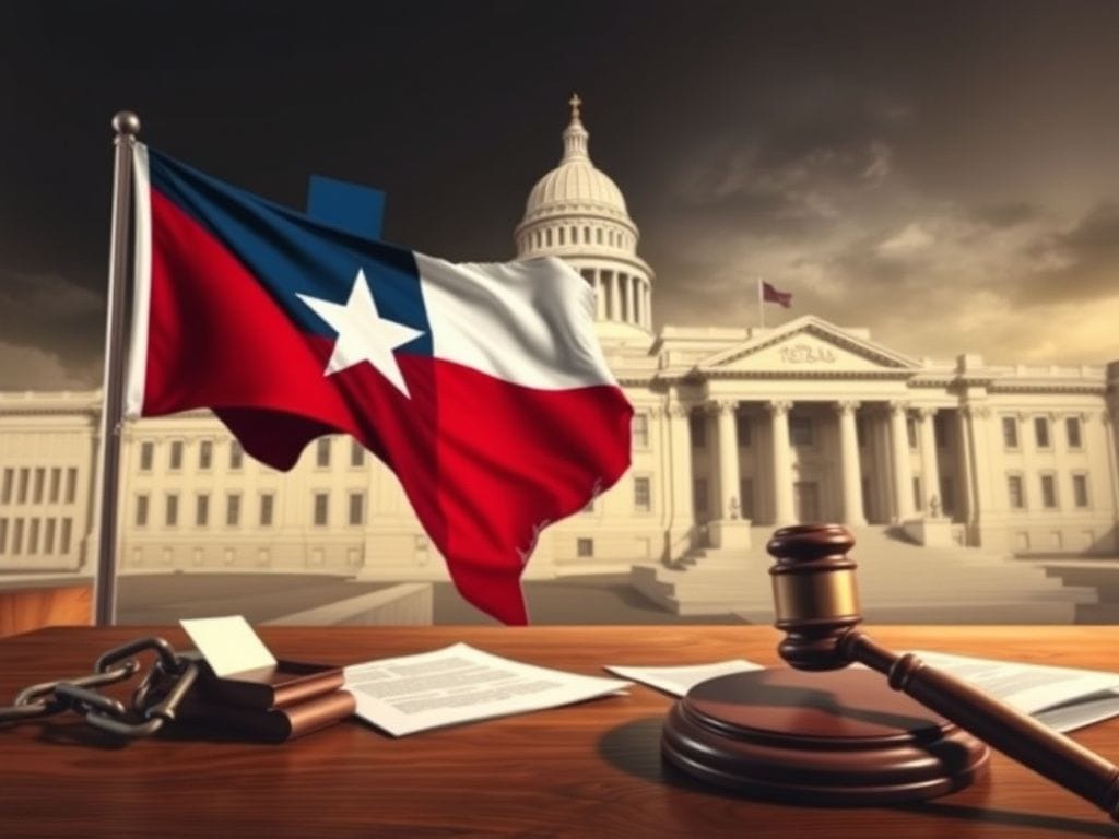Flick International Texas state flag waving in front of a government building