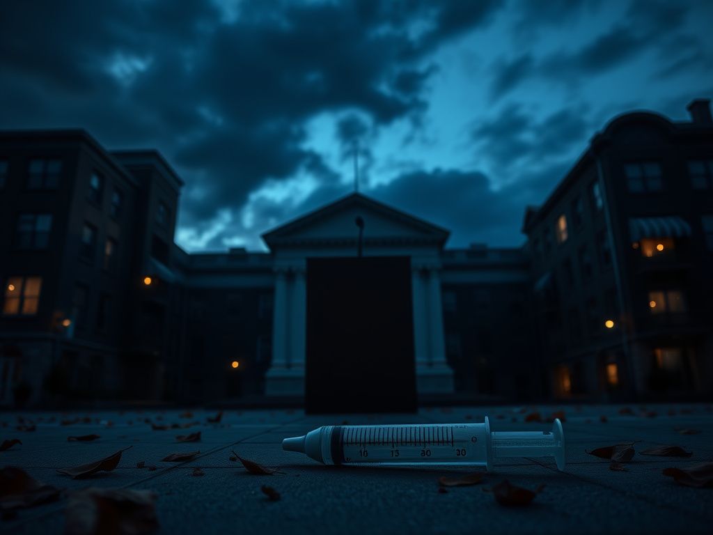 Flick International Tense urban town hall scene with a podium and dark clouds