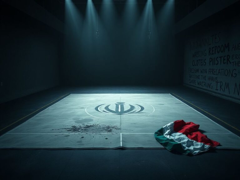 Flick International A desolate wrestling mat in a dimly lit gym reflecting the struggles of athletes amidst oppression.