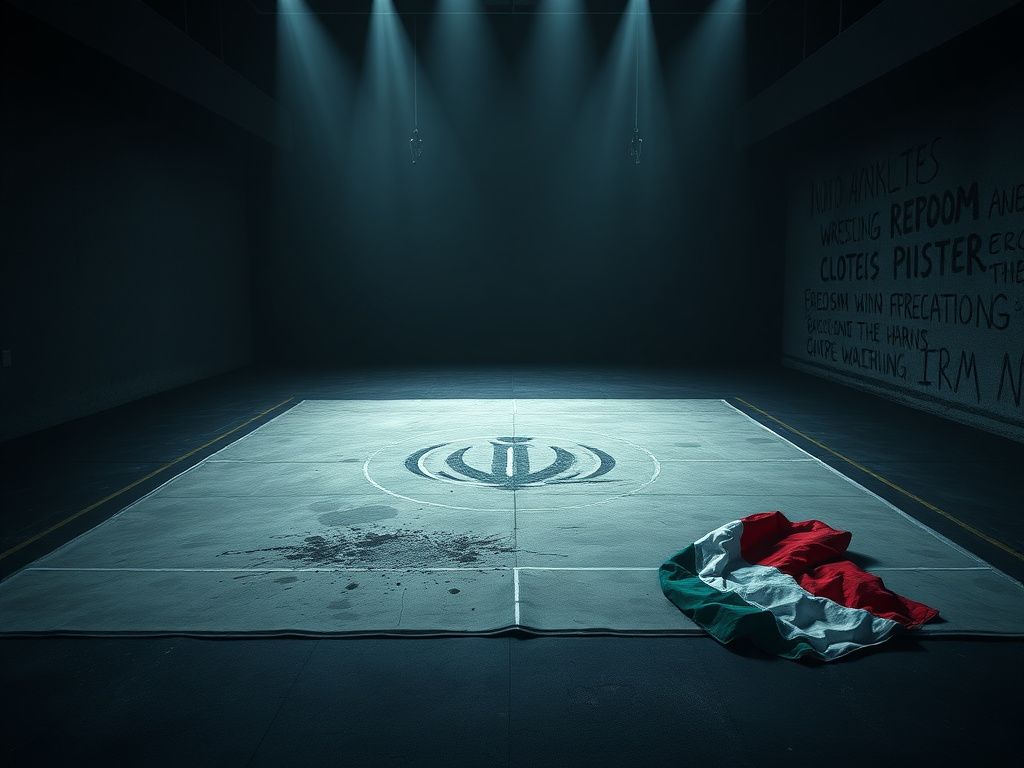 Flick International A desolate wrestling mat in a dimly lit gym reflecting the struggles of athletes amidst oppression.