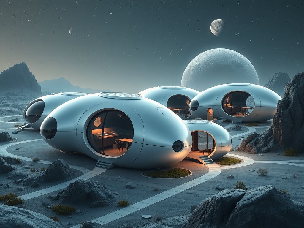 Flick International Futuristic architectural landscape featuring Ai-Da Robot's modular Space Pod concept for extraterrestrial habitation