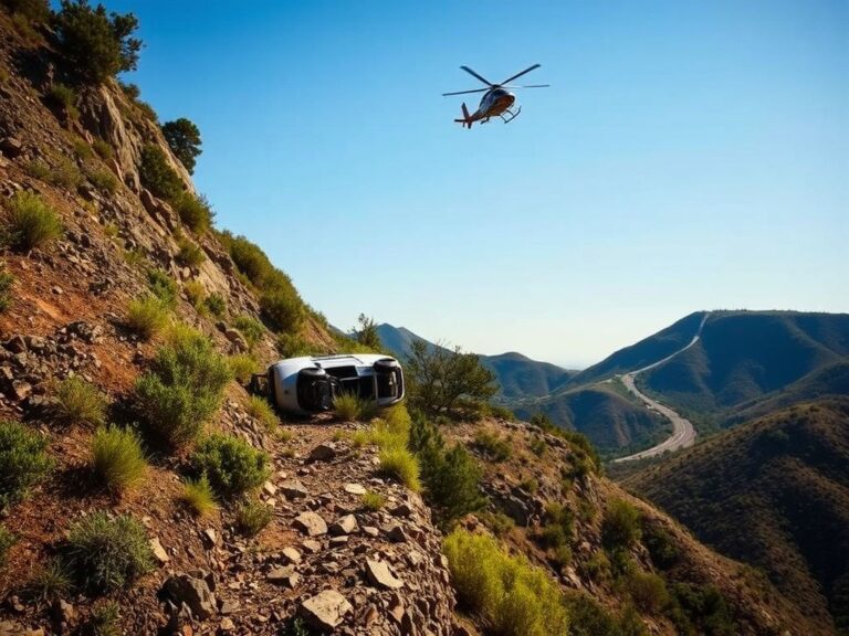 Flick International Rescue helicopter hovering above a cliffside in Los Angeles after a vehicle accident