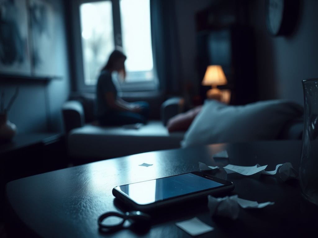 Flick International Dimly lit room with smartphone and silhouette of distressed woman