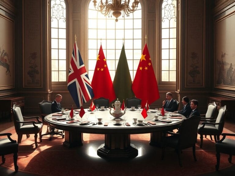 Flick International Symbolic diplomatic meeting with UK and China flags in an elegant room