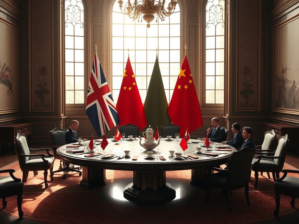 Flick International Symbolic diplomatic meeting with UK and China flags in an elegant room