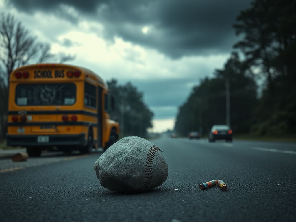 Flick International A broken school bus on a New Jersey road with a baseball-sized rock nearby