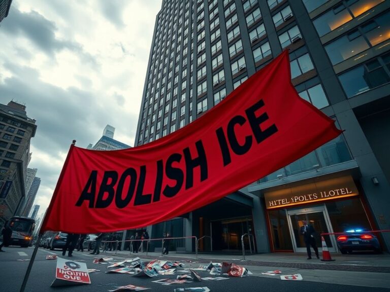 Flick International High-rise hotel in Manhattan during an anti-ICE protest with banner and police presence