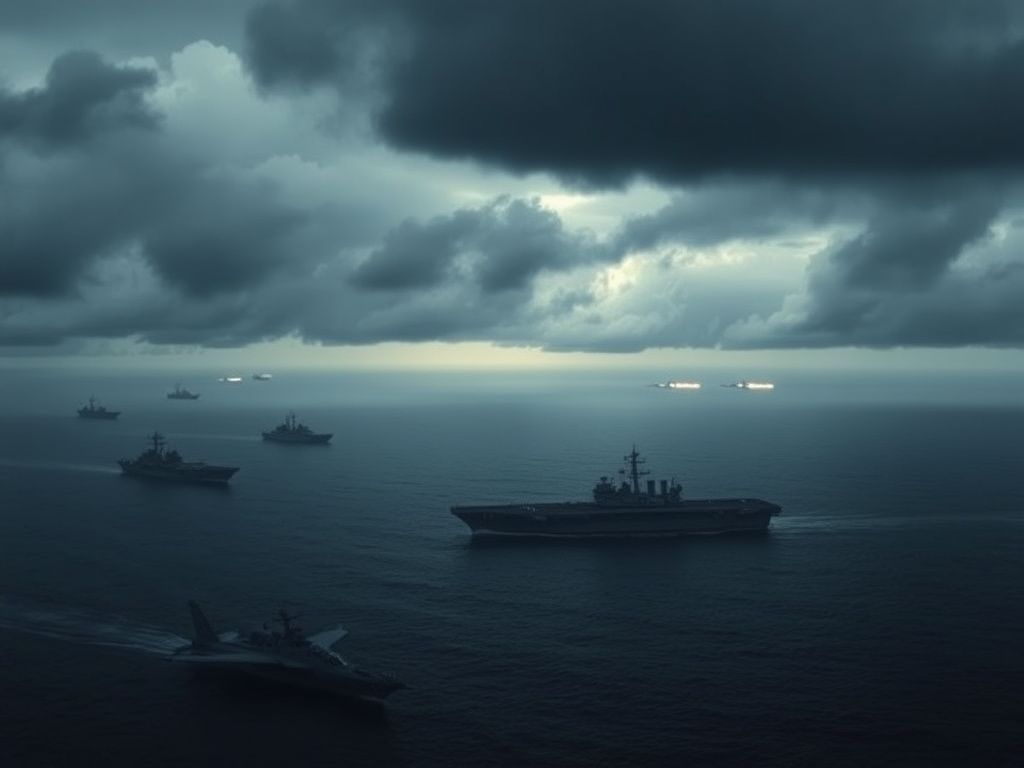 Flick International Aerial view of the Strait of Hormuz featuring military ships amidst stormy clouds