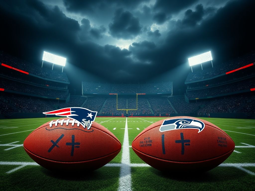 Flick International Dramatic scene inside a football stadium showing empty benches of the New England Patriots and Seattle Seahawks.