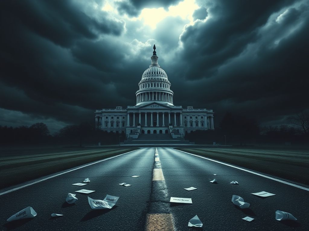 Flick International A dramatic scene of the U.S. Capitol under dark storm clouds symbolizing impending government turmoil
