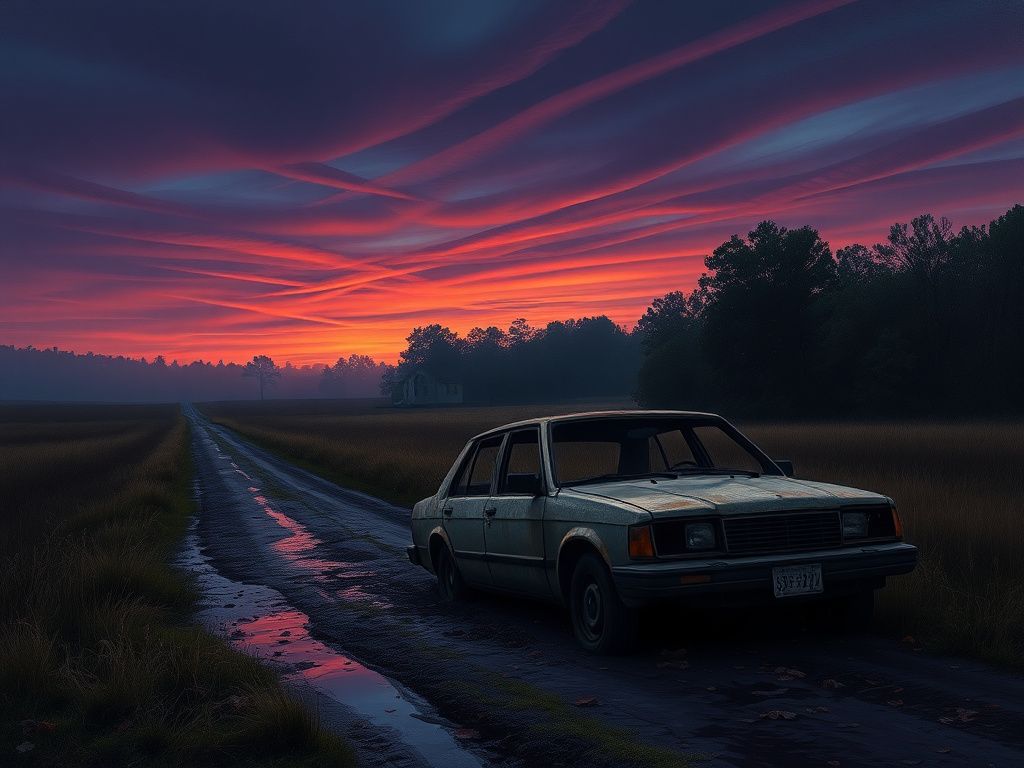 Flick International A dark landscape painting showing a charred vehicle on a muddy road in South Carolina