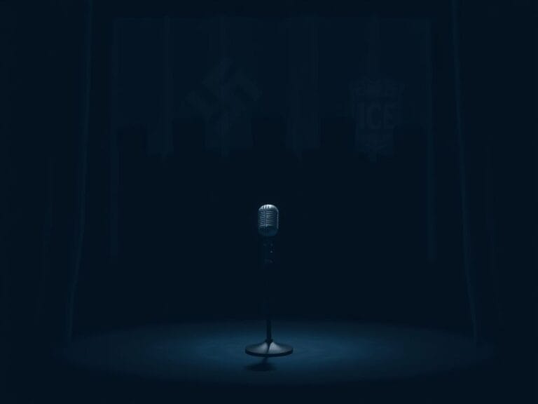 Flick International A dimly lit late-night talk show stage with a microphone symbolizing Stephen Colbert's controversial remarks