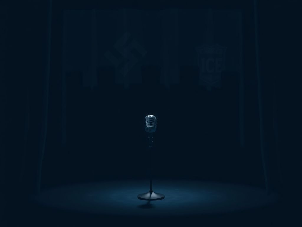 Flick International A dimly lit late-night talk show stage with a microphone symbolizing Stephen Colbert's controversial remarks