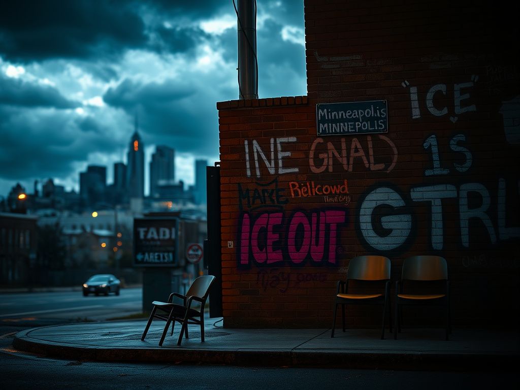Flick International Urban landscape depicting a dramatic street corner in Minneapolis with graffiti and overturned chairs symbolizing unrest