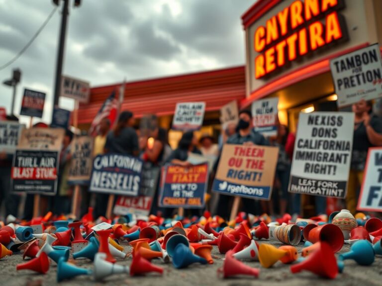 Flick International Protest sign-filled scene outside California restaurant during demonstration