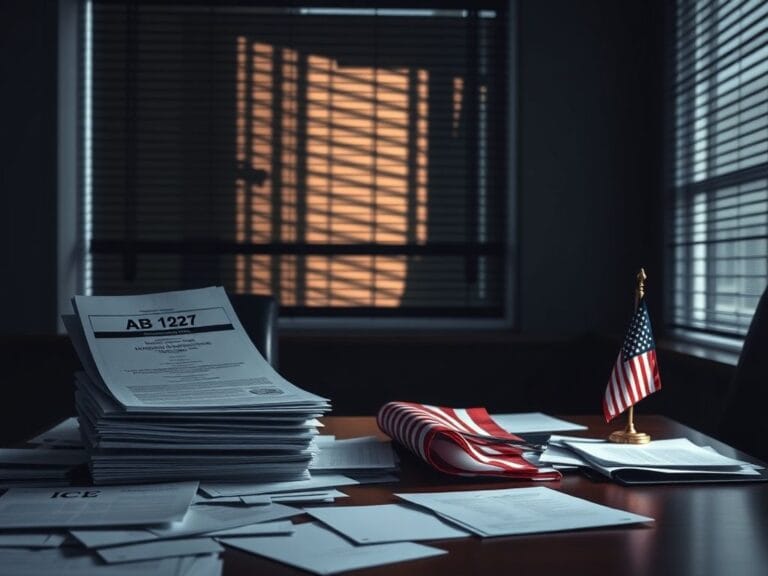 Flick International Dimly lit office with papers and legal documents reflecting immigration law discussions