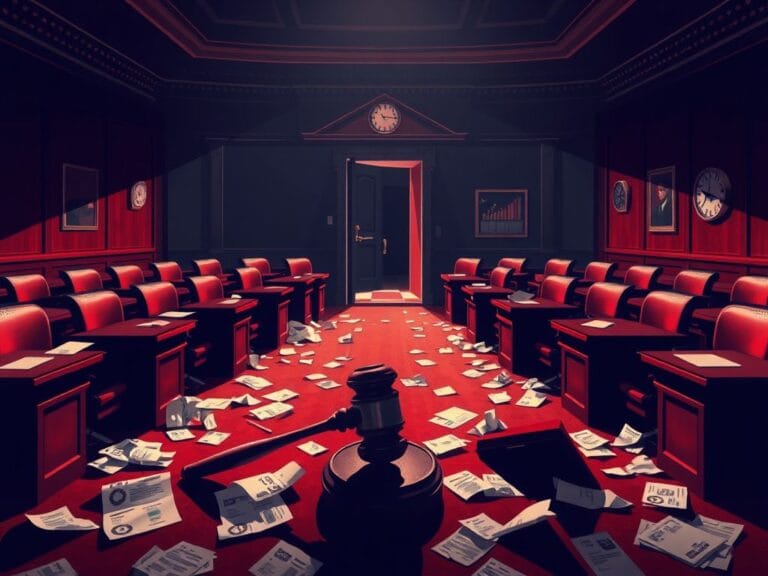 Flick International Stylized depiction of a chaotic Senate chamber highlighting political divide and urgency