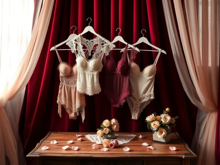 Flick International Stunning lingerie collection displayed on a vintage wooden table