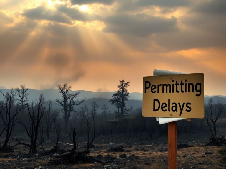 Flick International A landscape showing the aftermath of California wildfires with charred trees and destroyed homes