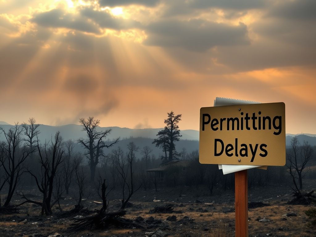 Flick International A landscape showing the aftermath of California wildfires with charred trees and destroyed homes