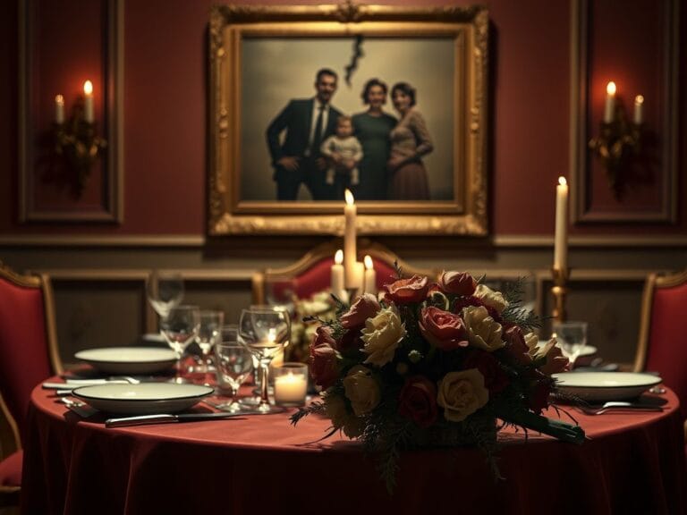 Flick International Symbolic dining table set for two with wilted flowers representing family tensions