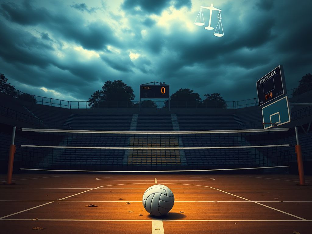 Flick International Volleyball court at San Jose State University with a net and volleyball, symbolizing absence and lost opportunities