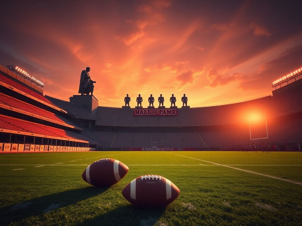 Flick International Solitary football on a green field with empty stadium bleachers at sunset