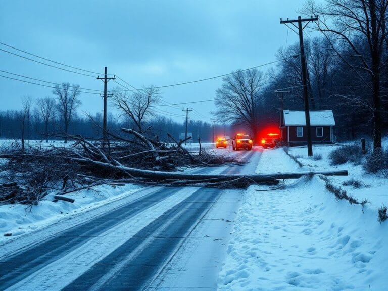 Flick International Snow-covered road showing aftermath of winter storm with fallen trees and debris