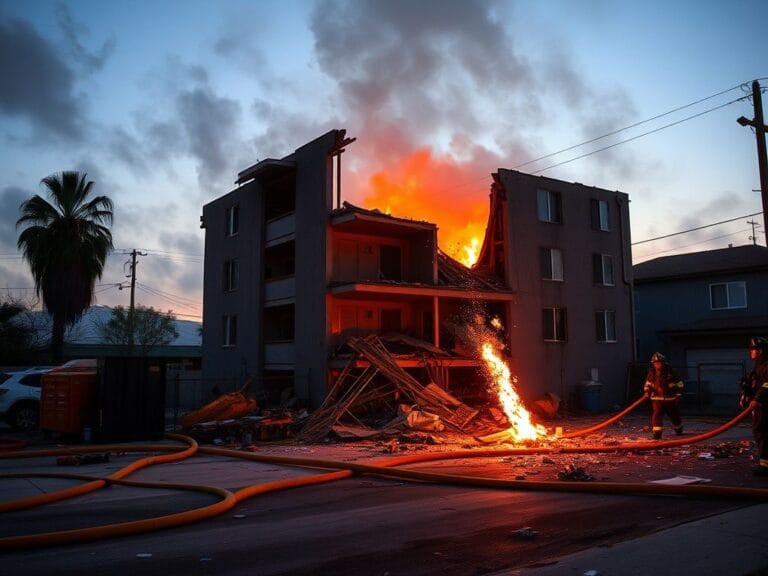 Flick International Dramatic scene of a partially collapsed apartment building in Bell Gardens with smoke in the twilight sky