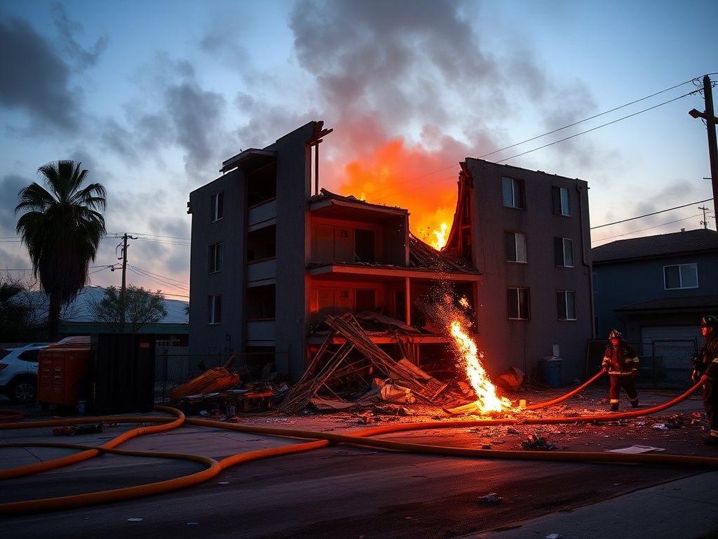 Flick International Dramatic scene of a partially collapsed apartment building in Bell Gardens with smoke in the twilight sky