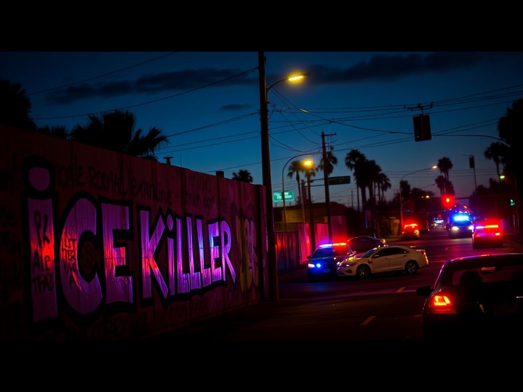 Flick International A dramatic urban landscape depicting a mural that says 'ICE Killer' against a backdrop of protest art in Los Angeles