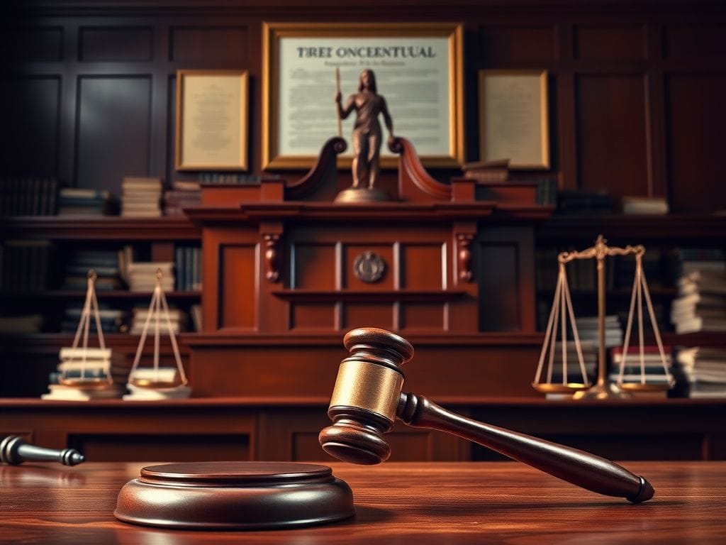 Flick International Courtroom scene featuring a large wooden judge's bench with a gavel and stacks of legal books