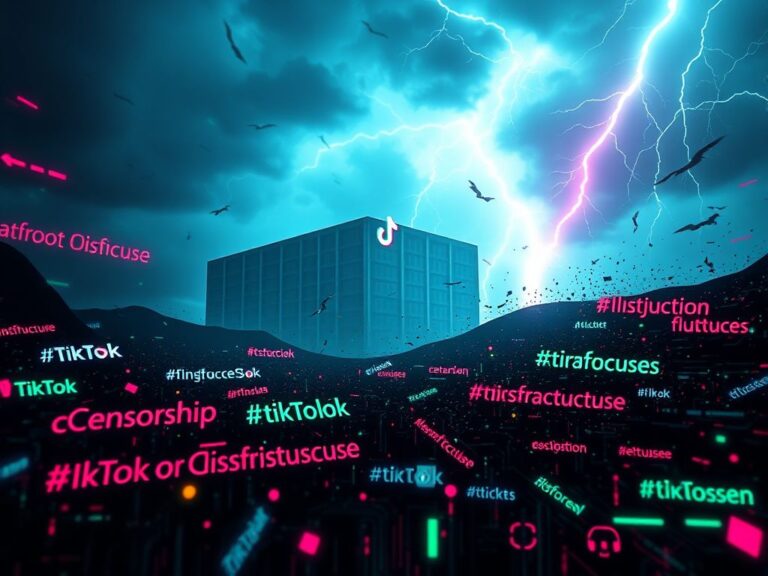 Flick International Abstract representation of TikTok's infrastructure issues with glitch effects and broken circuits