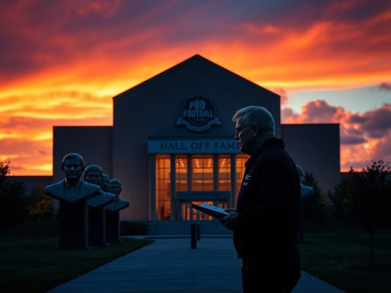 Flick International Dramatic exterior of the Pro Football Hall of Fame at sunset with iconic golden busts