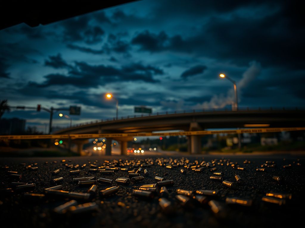Flick International Spent bullet casings scattered on a highway underpass after a violent road rage incident