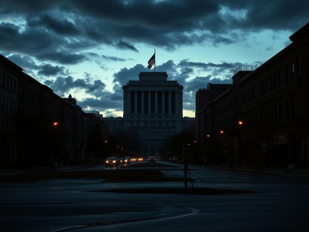 Flick International Twilight urban landscape of Minneapolis highlighting the contrast between city life and federal enforcement presence