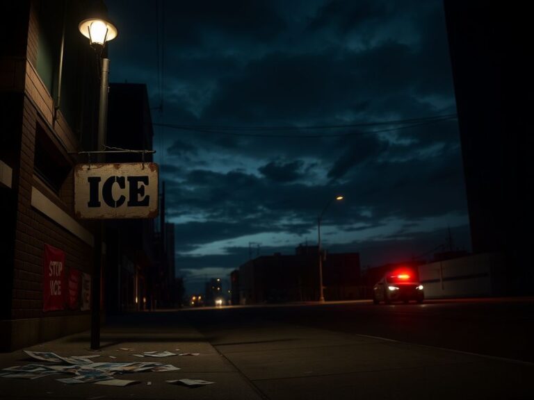 Flick International Empty city street at night with flickering streetlight and 'ICE' sign