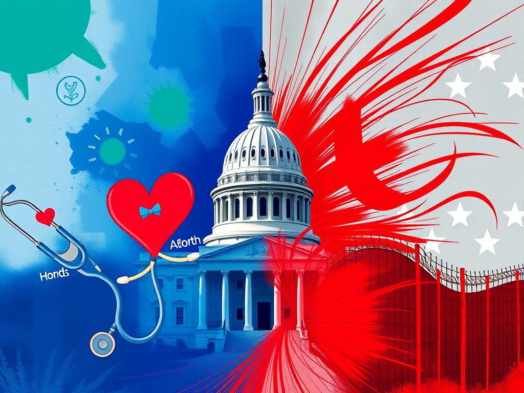 Flick International Split scene depicting Democratic and Republican parties with rich blues and greens on the left and bold reds and grays on the right